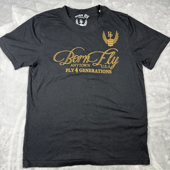 Born Fly Other - Born Fly Medium T-Shirt Mens Black Gold Embroidered Anytown USA Streetwear Tee